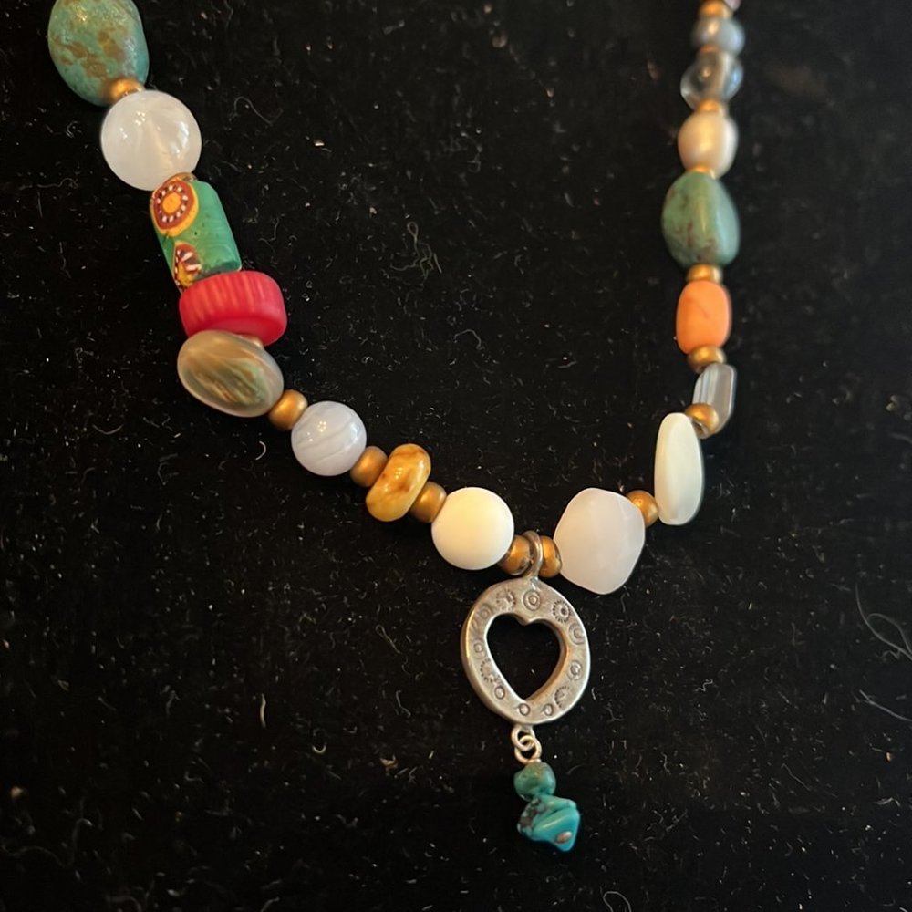 Vintage Peyote Bird Sterling, Multi-Gemstone & Glass Bead Necklace w/Open Heart